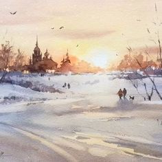 watercolor painting of people walking in the snow at sunset with church spires in the background