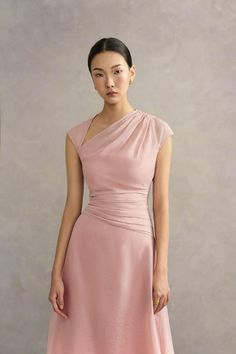 Perla A-line Asymmetric Neck Silk Ankle Length Dress | MEAN BLVD Feminine One Shoulder Formal Evening Dress, Feminine One-shoulder Formal Evening Dress, Formal One-shoulder Feminine Evening Dress, Fitted Pink Evening Dress With Asymmetrical Neckline, Pink Fitted Evening Dress With Asymmetrical Neckline, Formal Asymmetrical Dress With Ruched Detail, Formal Ruched Asymmetrical Dress With Neckline, Elegant Asymmetrical A-line Evening Dress, Feminine Draped Midi Dress For Formal Occasions