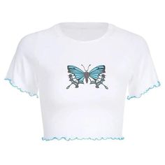 LOVEMI - Women's butterfly print short slim casual T-shirt top Ruffled Crop Top, Crop Top Casual, Summer Crop Tops, Cute Butterfly, Print Crop Tops, Casual T Shirt, White Crop Top, Casual Tee, Looks Vintage