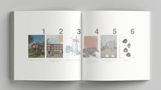 an open book with pictures of buildings and numbers on the front cover is shown in three different colors