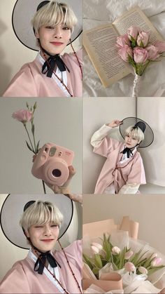 a collage of photos with pink flowers and a woman in a hat holding a camera