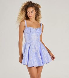 A skater dress bursting with sweet and romantic vibes perfect for the prom to dressy soirees! With a flattering lace trim sweetheart neckline, adjustable shoulder straps, and an underwire bust, it provides the perfect fit. The flexible boning and skater silhouette create a playful and feminine look, while the short-length hem adds a touch of flirtatiousness. Complete the look with earrings and heels.Fit & FeaturesEmbroidered woven fabric lined with satinAdjustable spaghetti strapsLace trim s Orange Homecoming Dresses, Purple Homecoming Dress, Dress Satin Bridesmaid, Backless Dress Short, Romantic Vibes, Spring Formal, Beach Wedding Guest Dress, Green Homecoming Dresses, Lace Dress Styles