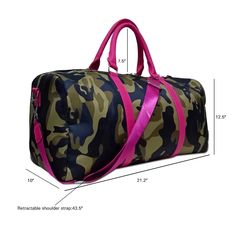 PU leather pink straps and nylon body Dimensions: 10” x 21” x 10” Weekender Bags, Camo And Pink, Brown Leopard, Pink Camo, Tote Bag Leather, Leather Handles, Zipper Bags, Duffel Bag, Weekender Bag