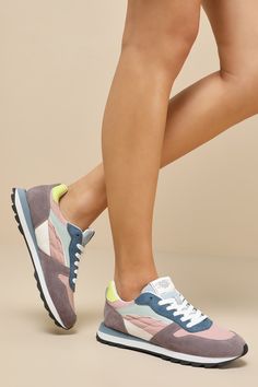 The Drya Blush Multi Color Block Suede Lace-Up Sneakers are ready for everyday adventures and endless compliments! Look adorably athleisure with these colorful sneakers that have a sleek nylon and soft faux suede construction that shapes an almond toe upper, a classic lace-up vamp, and a low-cut collar. Care instructions (in black font) accent the tongue, while a trendy bumper sole completes the too-cool design! Available in Euro sizes only. 1" rubber sole. Cushioned insole. Rubber sole has nons Sporty Color Block Sneakers With Round Toe, Casual Multicolor Sneakers With Contrast Sole, Casual Nylon Running Shoes With Cushioned Footbed, Casual Pink Running Shoes With Contrast Sole, Spring Athleisure Lace-up Running Shoes, Sporty Spring Nylon Sneakers, Color Block Low-top Synthetic Sneakers, Casual Nylon Sneakers For Running, Spring Nylon Sneakers For Jogging