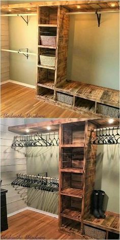 two pictures of the inside of a room with wooden shelves and baskets on them, one is