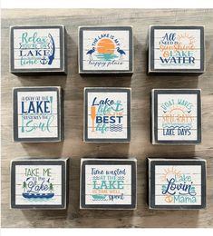 six coasters with different sayings on them, all in the same color and size