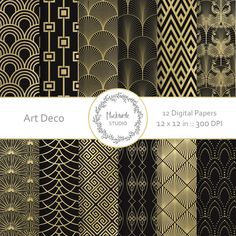 art deco digital paper pack in gold and black