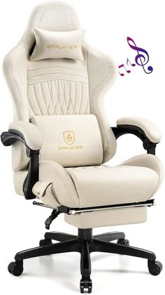 a white office chair with music notes coming out of the back and seat, which is upholstered in leather