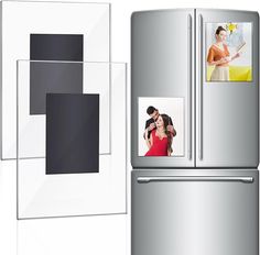 an image of two people in front of a refrigerator with pictures on the door and magnets attached to it