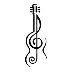 a guitar with musical notes in the shape of a treble on a white background