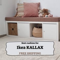 there is a bench with baskets and stuffed animals on the shelf next to it that says seat cushion for ikea kallax free shipping