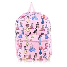 Disney Princess Girl's All Over Print 16" Backpack. This Backpack features one main compartment and a front accessory pocket with zipper closure. It has padded adjustable shoulder straps, a top locker loop handle, and side pockets to store water bottle, umbrella, or other items. This backpack set is perfect for a day at school. Size: one size.  Color: Pink.  Gender: female.  Age Group: kids. End Of School Year Character Backpack In Pink, Disney Backpack For End Of School Year, Cute Pink Backpack For Disney Trips, Character Style Pink Bag For Disney Trips, Pink Backpack For Disney Trips With Zipper Closure, Pink Character Bags For Back To School, Pink Disney Backpack For Back To School, Character Style Pink Backpack, Character Pink Backpack For Back To School