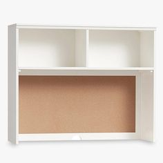 a white bookcase with two shelves and a cork board on the bottom one side