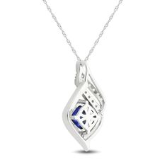 A beautiful cushion-cut blue lab-created sapphire glimmers at the center of this sterling silver necklace for her. Swirls of round-cut white lab-created sapphires shimmer above to finish the look. The pendant sways from an 18-inch rope chain and secures with a lobster clasp. Blue Diamond Gemstone Necklace For Anniversary, Blue Gemstone Diamond Necklace For Anniversary, White Gold Jewelry With Diamond Cut Lab-created Sapphire, Blue Diamond Accents Necklace For Gift, Blue Diamond Necklace With Diamond Accents Gift, Fine Jewelry With Diamond Cut Lab-created Sapphire, Fine Jewelry With Lab-created Sapphire And Diamond Cut, Blue Square Pendant Jewelry For Anniversary, Formal Birthstone Jewelry With Lab-created Sapphire