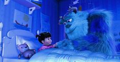 the monsters are talking to each other on the bed in the room that is decorated with blue walls