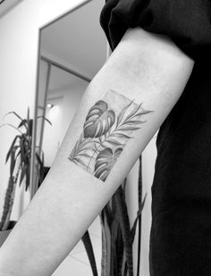 a black and white photo of a plant on the arm