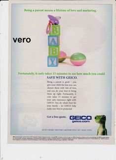 an ad for geico baby products with a frog on it's back side