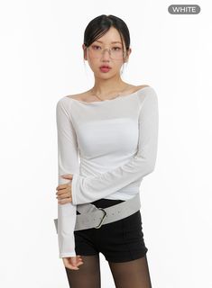 solid-off-shoulder-long-sleeve-cm421 / White Trendy Stretch Long Sleeve Top For Night Out, Chic Crew Neck Top For Day Out, Fitted Crew Neck Top For Day Out, White Stretch Tops For Night Out, Fitted Long Sleeve Top For Summer Party, Chic Mesh Top For Fall, Summer Party Fitted Long Sleeve Top, Chic Crew Neck Blouse For Day Out, Chic Fitted Blouse With Crew Neck