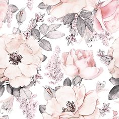 a white and pink floral wallpaper with lots of flowers on the bottom half of it