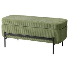 an upholstered bench with black legs and a green fabric cover on the back