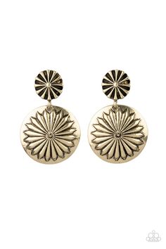 pair of gold toned earrings with circular design