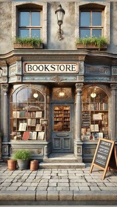 an old book store with books on the front and shelves in it's windows