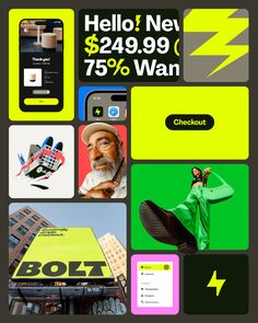 an advertisement for the boz app is shown in green and yellow colors, with images of men's footwear