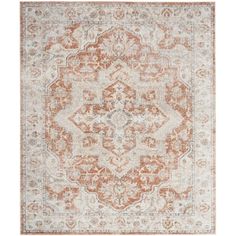 an orange and white area rug on a white background with a medallion design in the middle