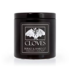 Gothic Scented Black Candle with Bat on label in a Black Tin Container Candles Gothic, Goth Candle, Goth Candles, Cloves Spice, Gothic Candles, Clove Essential Oil, Black Candle, Dark Bedroom, Black Packaging