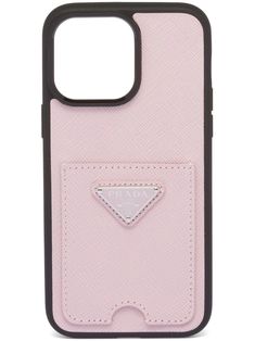 a pink phone case with a small triangle on the front and an embellishment