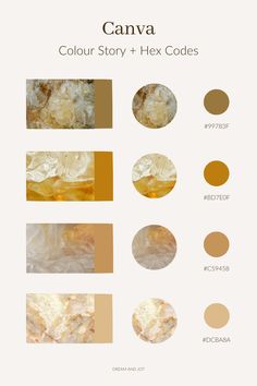 A light beige background with four photos of yellow quartz and a corresponding colour from each photo next to each. That same photo is in a bubble next to it, and again, a bubble of the corresponding colour beside that as well, with the hex code for the colour typed below. Canva Gold Color Code, Canva Color Palette Codes Gold, Canva Colour Codes, Gold Hex Code, Gold Colour Code, Gold Color Hex, Colour Palette Hex Codes, Gold Color Code, Colour Palette With Hex Codes