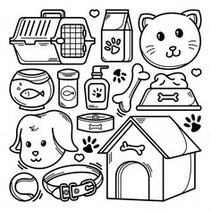 a coloring page with dog and cat related items