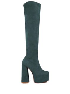 Vegan leather knee high boots women's block heel in green-side view Luxury Heels With Leather Sole, Luxury Suede Knee-high Boots For Work, Luxury Leather Sole Knee-high Boots For Work, Luxury Classic Platform Boots With Leather Sole, Luxury Platform Boots For Work, Luxury Classic High Heel Platform Boots, Luxury Over-the-knee Heeled Boots For Work, Luxury Suede High Heel Boots, Luxury Green High Heel Boots