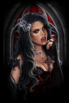 a woman with long black hair wearing gothic garb and holding a rose in her hand