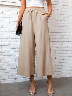 Product Title :Loose Drawstring Plain Casual Pants Product Measurements cm Size US Waist Bust Hip S 6-8 70-74 88-92 96-100 M 10 75-78 93-96 101-104 L 12 79-84 97-102 105-110 XL 14 85-90 103-108 111-116 XXL 16 91-96 109-114 117-122 Product Details Decoration/Process:Drawstring Edition type:Loose Pants Length:Ankle Pants Waistlines:Natural Elasticity:No Elasticity Pants type:Wide leg pants Silhouette:H-Line Thickness:Regular Size Type:Regular Size Activity:Daily Material:Cotton Pattern:Plain Style Spring Drawstring High-waisted Wide Leg Pants, Spring High-waisted Wide Leg Pants With Drawstring, Solid Wide Leg Pants With Drawstring For Fall, Fall Solid Color Wide Leg Pants With Drawstring, Spring Ankle-length Wide Leg Pants With Drawstring, Fall Wide Leg Pants With Drawstring, Fall Wide Leg Pants With Drawstring In Solid Color, Khaki Drawstring Bottoms For Spring, Khaki Bottoms With Drawstring For Spring