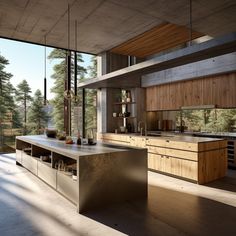 a large kitchen with wooden cabinets and counter tops in the middle of an open floor plan