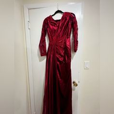 Bought From Turkey Never Worn Out Burgundy Fitted Evening Dress For Red Carpet, Burgundy Fitted Long Sleeve Gown, Long Sleeve Evening Dress For Red Carpet, Red Long Sleeve Satin Gown, Red Satin Long Sleeve Gown, Fitted Gown For Red Carpet Evening, Red Fitted Long Sleeve Mother Of The Bride Dress, Red Gowns, Size 2