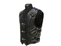 Explore this exquisite genuine leather vest, adorned with a hint of gothic charm in its design. Each piece is meticulously handcrafted with utmost care and devotion. Product Details: Features an aeroplane buckle front closure for a unique touch. Equipped with two front pockets for added functionality. Enhanced by stylish side chains for a distinctive look. Enjoy a personalized fit with adjustable shoulder straps. Adorned with nickel-colored hardware for an elegant finish. The interior is fully l Gothic Sleeveless Vest, Black Gothic Vest For Alternative Fashion, Steampunk Vest For Halloween Cosplay, Gothic Vest For Halloween Cosplay, Black Gothic Vest For Larp, Punk Leather Vest, Goth Vest, Steampunk Vest, Leather Biker Vest