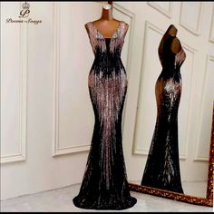 Deep V Neck Style Mermaid Evening Dress Black Long Evening Dress For Party, Black Sequined Party Gown, Black Gala Gown For Party, Black Gown For Gala Party, Black Gown For Party And Gala, Black Long Evening Dress For Party Season, Elegant Black Dresses With Sequins, Luxury Black Evening Dress For Prom, Luxury Black Party Gown