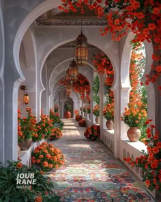 an archway with orange flowers and hanging lanterns