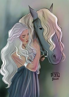 a drawing of a woman with white hair hugging a horse's head in front of a blurry background