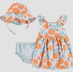 NEW Just One You by Carters 3 Piece Peach Print Dress w/ Hat  Size 9 Months New with tags No returns accepted - priced to sell quickly Listing Tar Clothing 2486 Feel free to contact me with any questions   RETURN POLICY: In following the guidelines from EBAY, if you need to return an item, it must be returned in the same condition in which it was received and it must include all tags (if item was new). If the returned item does not have original tags (if item was new) or damaged during return sh Playful Orange Dress For Spring, Playful Orange Spring Dress, Playful Peach Spring Dress, Fitted Apricot Summer Dress, Spring Orange Cotton Dress, Fitted Summer Dress In Apricot Color, Orange Cotton Dress For Spring, Playful Orange Beach Dress, Cute Peach Cotton Dress