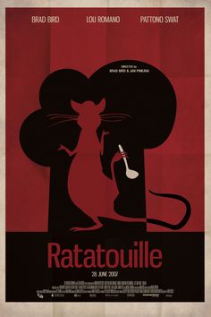 the poster for ratatoulie is shown in red, black and white colors