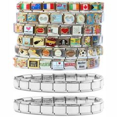 several different types of bracelets are stacked on top of each other