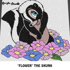 an image of a cartoon character with flowers in the foreground and text that reads, flower the skunk