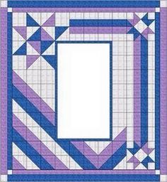 a purple and blue quilt with a white frame in the center on top of it