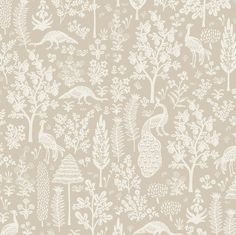 a beige and white wallpaper with birds, trees, and flowers on the side