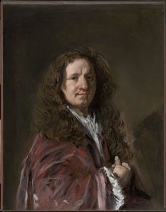 a painting of a man with long hair wearing a red coat and holding his hand on his chest