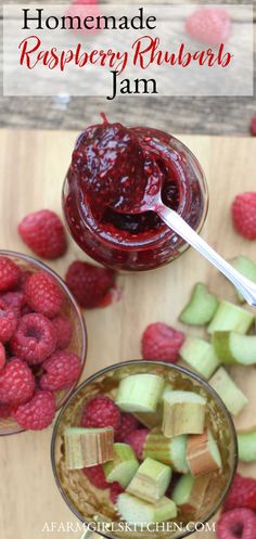 homemade raspberry rhubarb jam with fresh raspberries