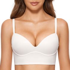 PRICES MAY VARY. Ultra soft cups give you buttery feel, keeping you comfortable all day Add 1.5 cup pushup pads for great support and cleavage-enhanced look Wirefree bralette without the pain of wires digging in Elastic longline underband with hook and eye closure Convertible straps for criss cross or traditional wear Plunging neckline shows more cleavage under deep v clothes DOBREVA most comfortable push-up bras are available now. Don't miss out! Lounge Bra, Comfy Bra, Corset Bra, Vs Bras, Push Up Pads, Basic Wear, Bralette Top, Comfortable Bras, Everyday Bra